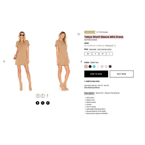 Cotton Citizen Taupe Crew Brown Dark Tan Tokyo Short Sleeve Mini Dress Revolve S - Picture 2 of 11